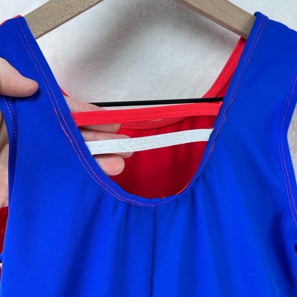 NWT Girls Red Blue Rhinestone Silver Wave Colorblock Tank Biketard Leotard XL 14 - Picture 10 of 10